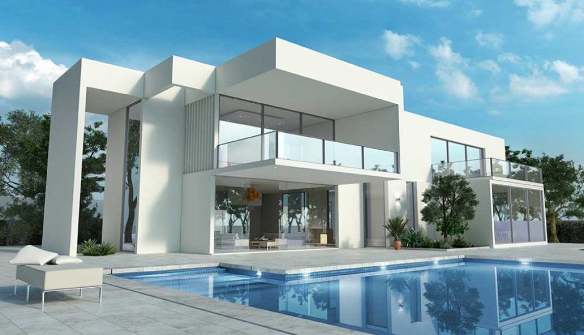 Impressive white modern house with pool